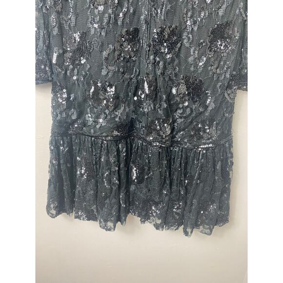 VINTAGE JUDITH ANN DRESS M BLACK SEQUIN BEADED TIERED RUFFLE SHEER MESH LACE - Picture 8 of 12